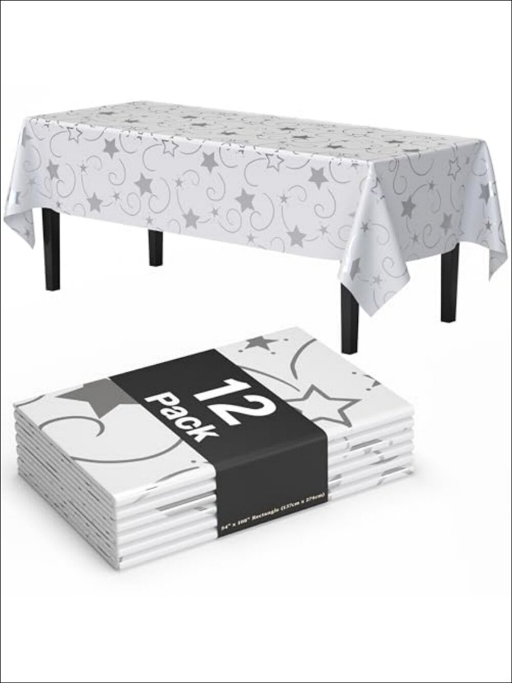 12 Pack Silver Star Tablecloth Rectangle 54x108 Disposable Plastic Table Cover